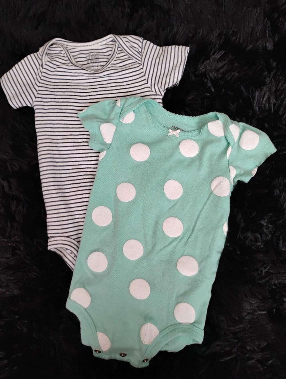 (2) Baby One-Piece Bodysuits: Mint Polkadot & Grey Stripe